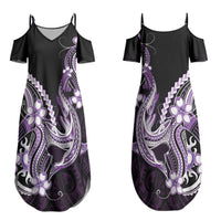 Purple Black Aloha Hawaii Family Matching Summer Maxi Dress and Hawaiian Shirt Polynesian Shark Tattoo Plumeria LT14 Mom's Dress Purple - Polynesian Pride