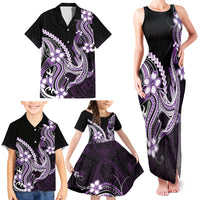 Purple Black Aloha Hawaii Family Matching Tank Maxi Dress and Hawaiian Shirt Polynesian Shark Tattoo Plumeria