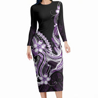 Purple Black Aloha Hawaii Long Sleeve Bodycon Dress Polynesian Shark Tattoo Plumeria LT14 Long Dress Purple - Polynesian Pride