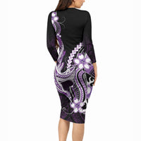 Purple Black Aloha Hawaii Long Sleeve Bodycon Dress Polynesian Shark Tattoo Plumeria LT14 - Polynesian Pride