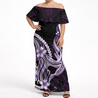 Purple Black Aloha Hawaii Off Shoulder Maxi Dress Polynesian Shark Tattoo Plumeria LT14 Women Purple - Polynesian Pride