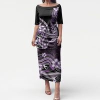 Purple Black Aloha Hawaii Puletasi Polynesian Shark Tattoo Plumeria LT14 Long Dress Purple - Polynesian Pride