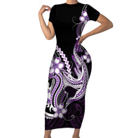 Purple Black Aloha Hawaii Short Sleeve Bodycon Dress Polynesian Shark Tattoo Plumeria LT14 Long Dress Purple - Polynesian Pride