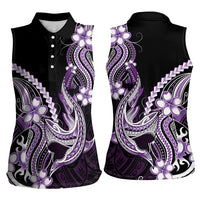 Purple Black Aloha Hawaii Women Sleeveless Polo Shirt Polynesian Shark Tattoo Plumeria