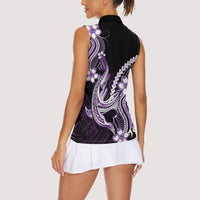 Purple Black Aloha Hawaii Women Sleeveless Polo Shirt Polynesian Shark Tattoo Plumeria