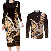 Orange Black Aloha Hawaii Couples Matching Long Sleeve Bodycon Dress and Long Sleeve Button Shirt Polynesian Shark Tattoo Plumeria
