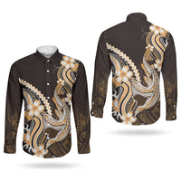 Orange Black Aloha Hawaii Couples Matching Off Shoulder Maxi Dress and Long Sleeve Button Shirt Polynesian Shark Tattoo Plumeria LT14 - Polynesian Pride
