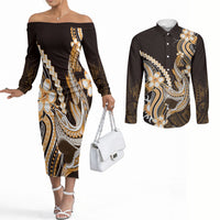 Orange Black Aloha Hawaii Couples Matching Off The Shoulder Long Sleeve Dress and Long Sleeve Button Shirt Polynesian Shark Tattoo Plumeria LT14 Orange - Polynesian Pride