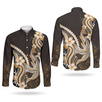 Orange Black Aloha Hawaii Couples Matching Puletasi and Long Sleeve Button Shirt Polynesian Shark Tattoo Plumeria LT14 - Polynesian Pride
