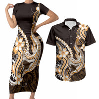 Orange Black Aloha Hawaii Couples Matching Short Sleeve Bodycon Dress and Hawaiian Shirt Polynesian Shark Tattoo Plumeria LT14 Orange - Polynesian Pride