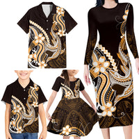 Orange Black Aloha Hawaii Family Matching Long Sleeve Bodycon Dress and Hawaiian Shirt Polynesian Shark Tattoo Plumeria