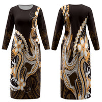 Orange Black Aloha Hawaii Family Matching Long Sleeve Bodycon Dress and Hawaiian Shirt Polynesian Shark Tattoo Plumeria LT14 Mom's Dress Orange - Polynesian Pride