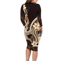 Orange Black Aloha Hawaii Family Matching Long Sleeve Bodycon Dress and Hawaiian Shirt Polynesian Shark Tattoo Plumeria