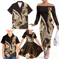 Orange Black Aloha Hawaii Family Matching Off The Shoulder Long Sleeve Dress and Hawaiian Shirt Polynesian Shark Tattoo Plumeria LT14 - Polynesian Pride