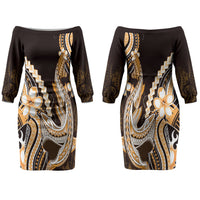 Orange Black Aloha Hawaii Family Matching Off The Shoulder Long Sleeve Dress and Hawaiian Shirt Polynesian Shark Tattoo Plumeria LT14 Mom's Dress Orange - Polynesian Pride