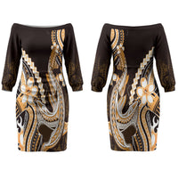 Orange Black Aloha Hawaii Family Matching Off The Shoulder Long Sleeve Dress and Hawaiian Shirt Polynesian Shark Tattoo Plumeria LT14 - Polynesian Pride
