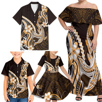 Orange Black Aloha Hawaii Family Matching Off Shoulder Maxi Dress and Hawaiian Shirt Polynesian Shark Tattoo Plumeria LT14 - Polynesian Pride
