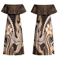 Orange Black Aloha Hawaii Family Matching Off Shoulder Maxi Dress and Hawaiian Shirt Polynesian Shark Tattoo Plumeria LT14 Mom's Dress Orange - Polynesian Pride