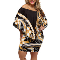Orange Black Aloha Hawaii Family Matching Off Shoulder Short Dress and Hawaiian Shirt Polynesian Shark Tattoo Plumeria