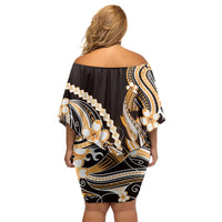 Orange Black Aloha Hawaii Family Matching Off Shoulder Short Dress and Hawaiian Shirt Polynesian Shark Tattoo Plumeria