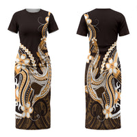 Orange Black Aloha Hawaii Family Matching Short Sleeve Bodycon Dress and Hawaiian Shirt Polynesian Shark Tattoo Plumeria LT14 Mom's Dress Orange - Polynesian Pride