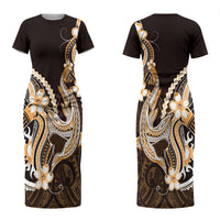Orange Black Aloha Hawaii Family Matching Short Sleeve Bodycon Dress and Hawaiian Shirt Polynesian Shark Tattoo Plumeria LT14 Mom's Dress Orange - Polynesian Pride