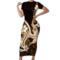 Orange Black Aloha Hawaii Family Matching Short Sleeve Bodycon Dress and Hawaiian Shirt Polynesian Shark Tattoo Plumeria