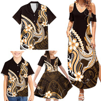 Orange Black Aloha Hawaii Family Matching Summer Maxi Dress and Hawaiian Shirt Polynesian Shark Tattoo Plumeria