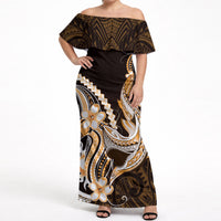 Orange Black Aloha Hawaii Off Shoulder Maxi Dress Polynesian Shark Tattoo Plumeria LT14 Women Orange - Polynesian Pride