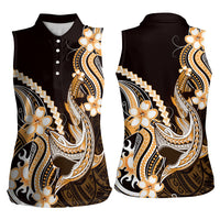 Orange Black Aloha Hawaii Women Sleeveless Polo Shirt Polynesian Shark Tattoo Plumeria