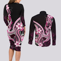 Pink Black Aloha Hawaii Couples Matching Long Sleeve Bodycon Dress and Long Sleeve Button Shirt Polynesian Shark Tattoo Plumeria LT14 - Polynesian Pride