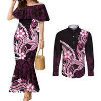 Pink Black Aloha Hawaii Couples Matching Mermaid Dress and Long Sleeve Button Shirt Polynesian Shark Tattoo Plumeria