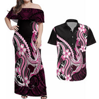 Pink Black Aloha Hawaii Couples Matching Off Shoulder Maxi Dress and Hawaiian Shirt Polynesian Shark Tattoo Plumeria LT14 Pink - Polynesian Pride