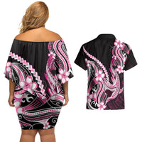 Pink Black Aloha Hawaii Couples Matching Off Shoulder Short Dress and Hawaiian Shirt Polynesian Shark Tattoo Plumeria LT14 - Polynesian Pride