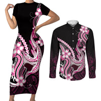 Pink Black Aloha Hawaii Couples Matching Short Sleeve Bodycon Dress and Long Sleeve Button Shirt Polynesian Shark Tattoo Plumeria LT14 Pink - Polynesian Pride