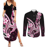 Pink Black Aloha Hawaii Couples Matching Summer Maxi Dress and Long Sleeve Button Shirt Polynesian Shark Tattoo Plumeria