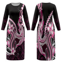 Pink Black Aloha Hawaii Family Matching Long Sleeve Bodycon Dress and Hawaiian Shirt Polynesian Shark Tattoo Plumeria LT14 Mom's Dress Pink - Polynesian Pride