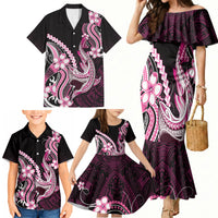 Pink Black Aloha Hawaii Family Matching Mermaid Dress and Hawaiian Shirt Polynesian Shark Tattoo Plumeria LT14 - Polynesian Pride
