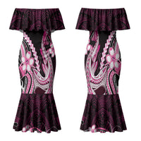 Pink Black Aloha Hawaii Family Matching Mermaid Dress and Hawaiian Shirt Polynesian Shark Tattoo Plumeria LT14 Mom's Dress Pink - Polynesian Pride