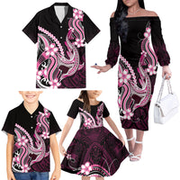 Pink Black Aloha Hawaii Family Matching Off The Shoulder Long Sleeve Dress and Hawaiian Shirt Polynesian Shark Tattoo Plumeria