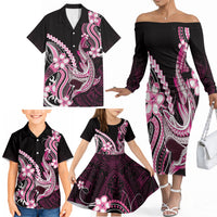 Pink Black Aloha Hawaii Family Matching Off The Shoulder Long Sleeve Dress and Hawaiian Shirt Polynesian Shark Tattoo Plumeria LT14 - Polynesian Pride