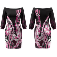 Pink Black Aloha Hawaii Family Matching Off The Shoulder Long Sleeve Dress and Hawaiian Shirt Polynesian Shark Tattoo Plumeria LT14 - Polynesian Pride