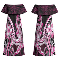 Pink Black Aloha Hawaii Family Matching Off Shoulder Maxi Dress and Hawaiian Shirt Polynesian Shark Tattoo Plumeria LT14 Mom's Dress Pink - Polynesian Pride