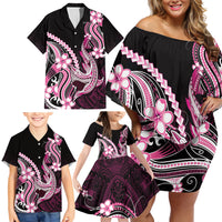 Pink Black Aloha Hawaii Family Matching Off Shoulder Short Dress and Hawaiian Shirt Polynesian Shark Tattoo Plumeria LT14 - Polynesian Pride