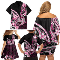 Pink Black Aloha Hawaii Family Matching Off Shoulder Short Dress and Hawaiian Shirt Polynesian Shark Tattoo Plumeria LT14 Mom's Dress Pink - Polynesian Pride