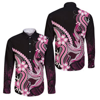Pink Black Aloha Hawaii Family Matching Off Shoulder Short Dress and Hawaiian Shirt Polynesian Shark Tattoo Plumeria LT14 Dad's Shirt - Long Sleeve Pink - Polynesian Pride