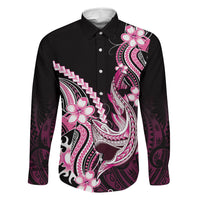 Pink Black Aloha Hawaii Family Matching Off Shoulder Short Dress and Hawaiian Shirt Polynesian Shark Tattoo Plumeria LT14 Daughter's Dress Pink - Polynesian Pride