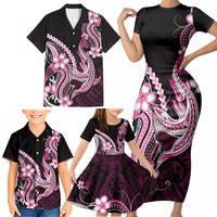 Pink Black Aloha Hawaii Family Matching Short Sleeve Bodycon Dress and Hawaiian Shirt Polynesian Shark Tattoo Plumeria LT14 - Polynesian Pride