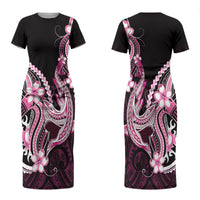 Pink Black Aloha Hawaii Family Matching Short Sleeve Bodycon Dress and Hawaiian Shirt Polynesian Shark Tattoo Plumeria LT14 Mom's Dress Pink - Polynesian Pride