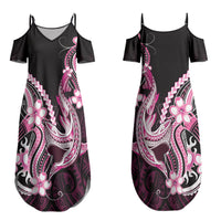 Pink Black Aloha Hawaii Family Matching Summer Maxi Dress and Hawaiian Shirt Polynesian Shark Tattoo Plumeria LT14 Mom's Dress Pink - Polynesian Pride